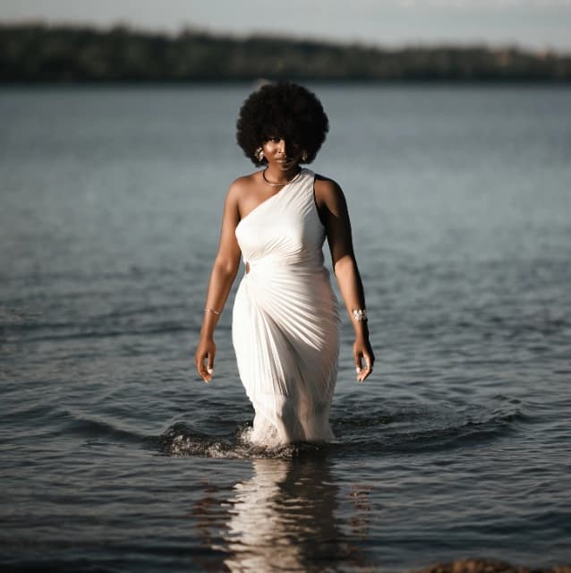 Woman in a white one-shoulder dress walking through a lake at dusk, with finishing effects added, edited with the Special Effects presets